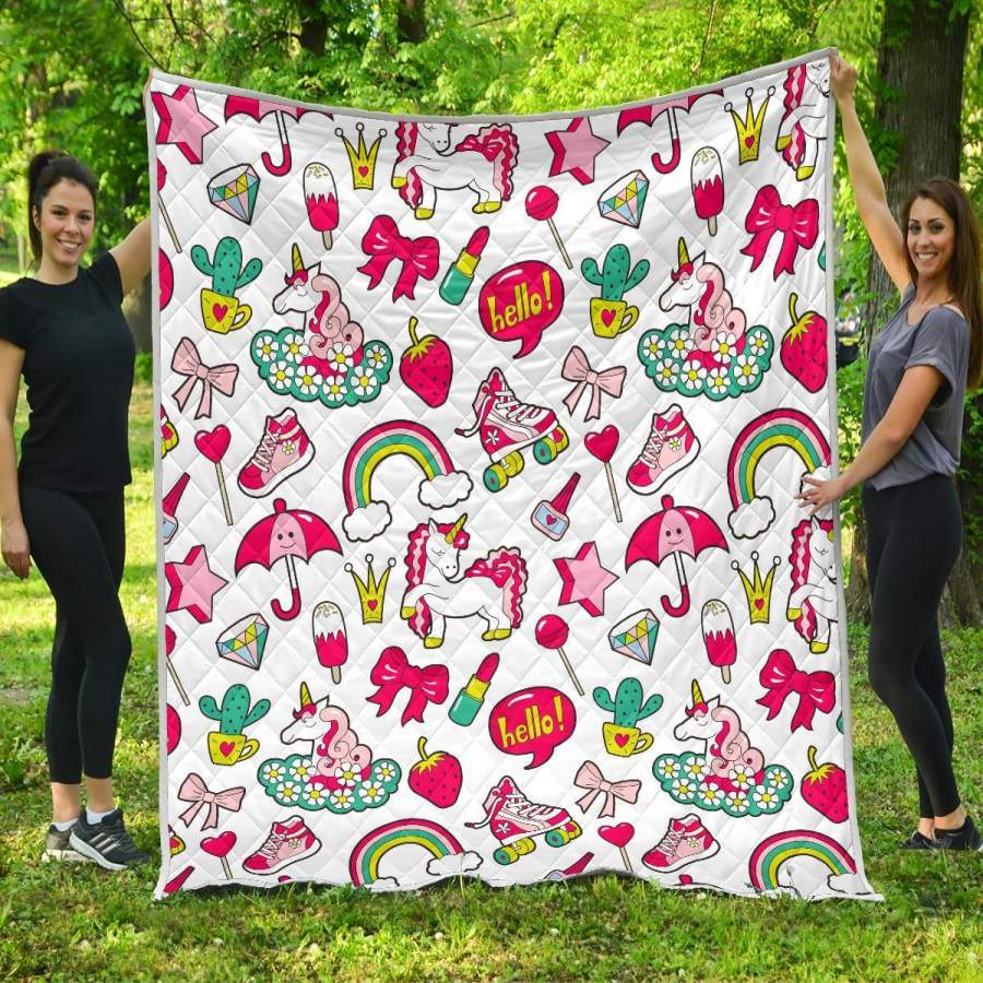 White Girly Unicorn Pattern Print Quilt