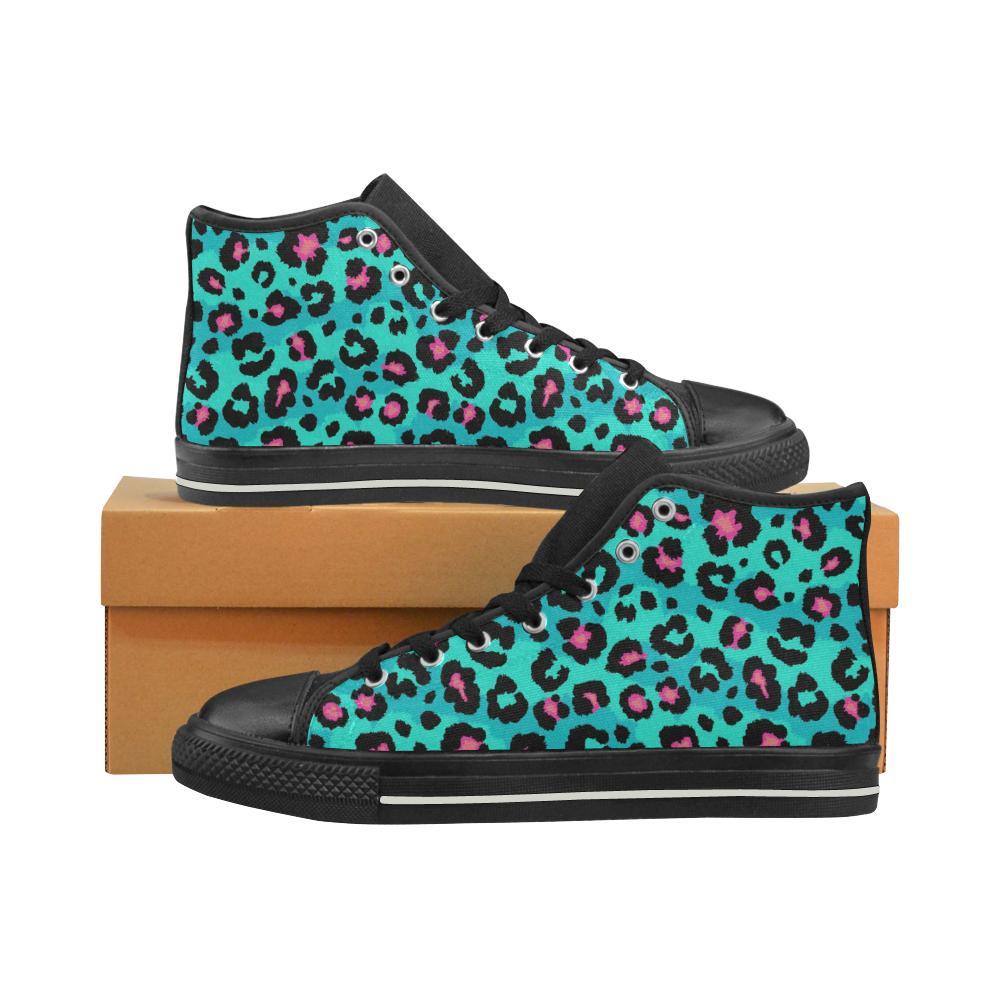 Green leopard skin print pattern Men’s High Top Shoes Black