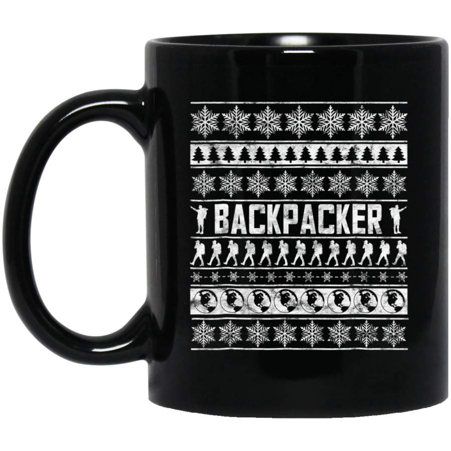 World Traveler Ugly Christmas Backpacker 11 oz 15 oz Black Mug