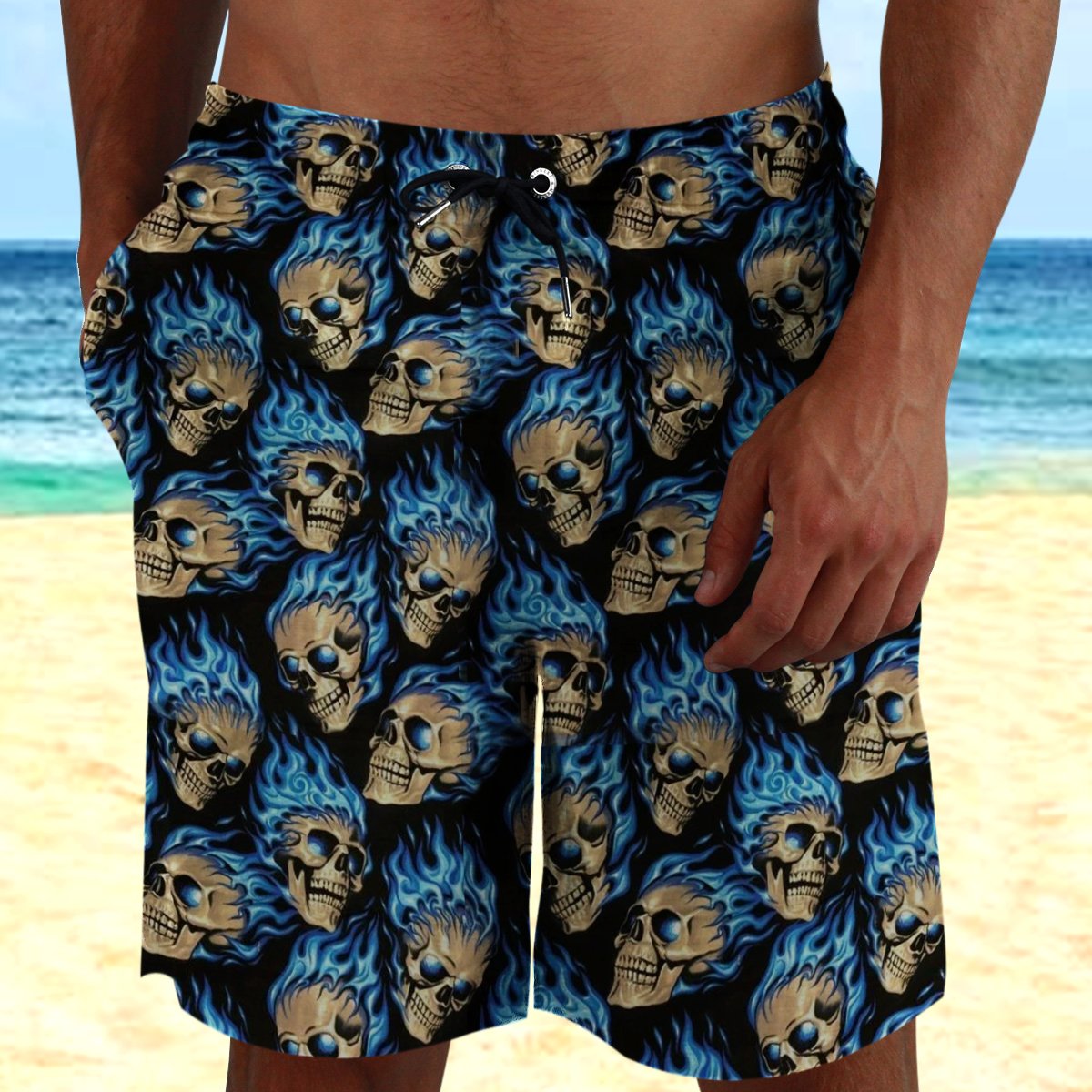 Skull Blue Fire Hawaii Beach Shorts Colorful S Ha96457