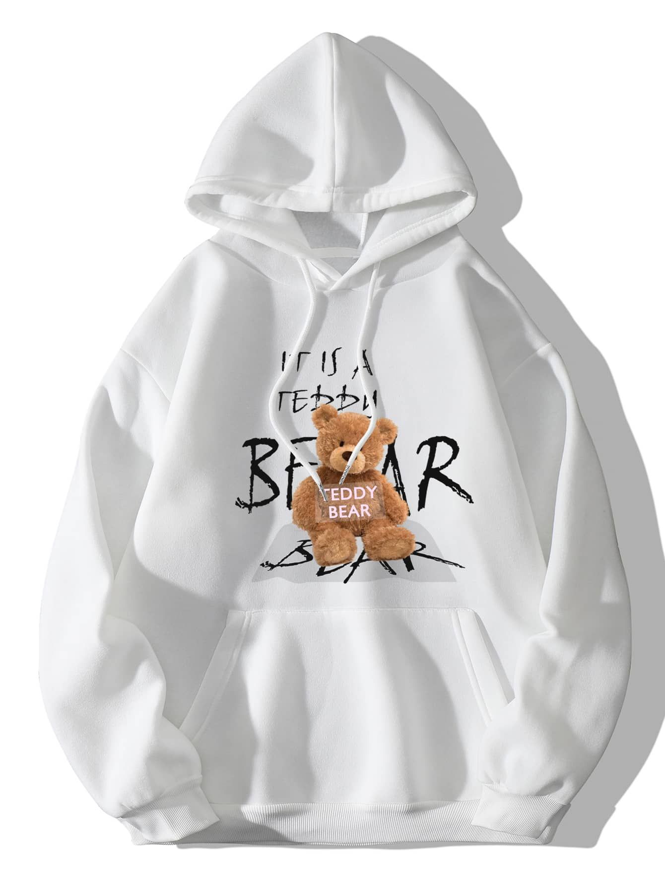 Bear And Slogan Graphic Drawstring Thermal Lined Hoodie