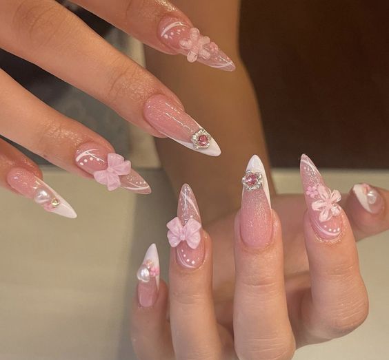 Beautiful New Year Nail Designs, Press-On Nails, Pink Bow Nails, French Tip Nail with Bow