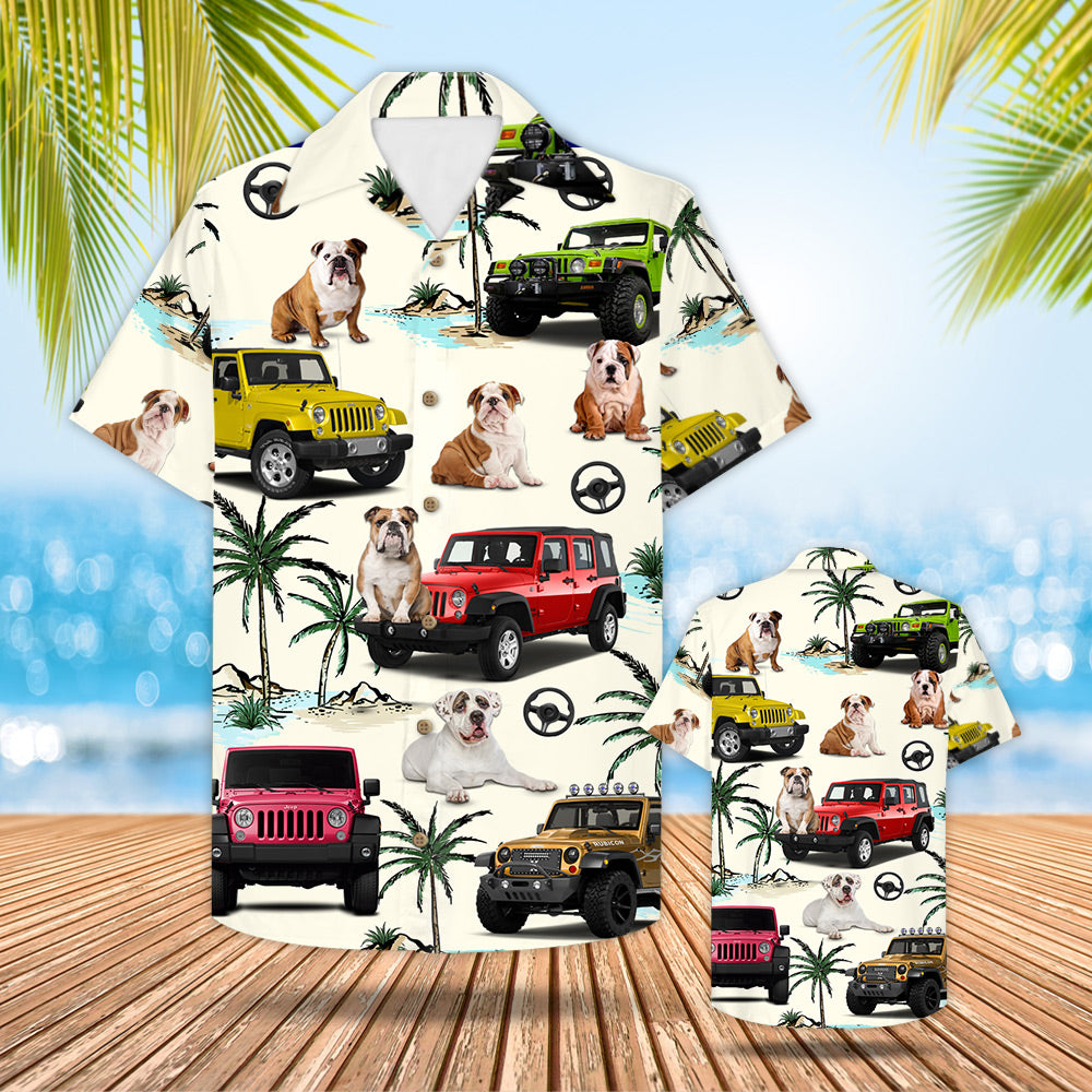 Jeep Bulldog Hawaiian Shirt – Gift For Jeep Trips – Bulldog And Jeep Pattern Trna