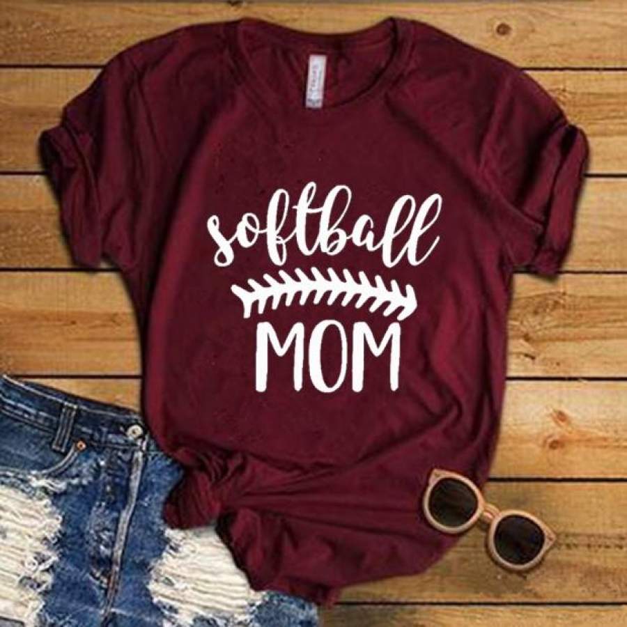 Softball Mom T-Shirt Letters Printed Women O-Neck Casual Cotton Funny T-Shirt Wife Mom Life Shirt Maroon