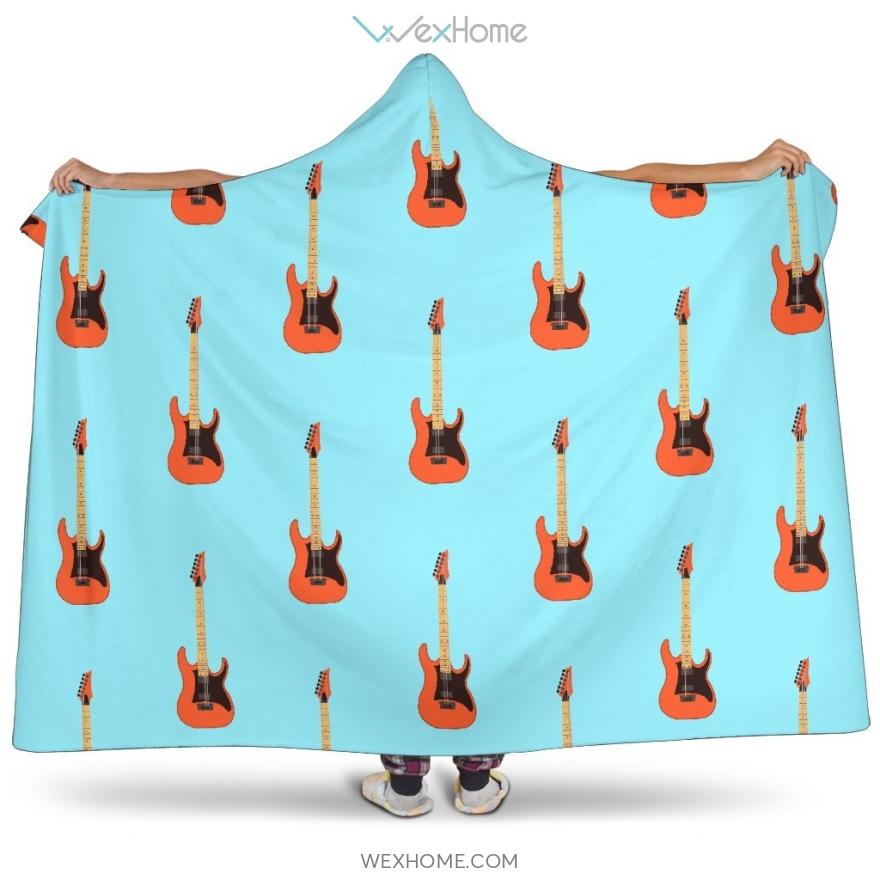 Electric Guitar Pattern Light Blue Background Hooded Blanket