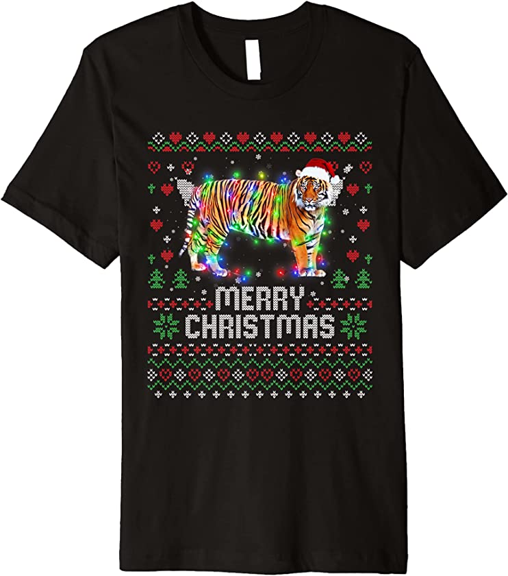 Tiger Santa Hat Animal Christmas Tree Lights Holiday Santa Premium T-Shirt