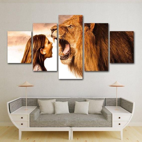 Roaring Lion Lion Girl Animal 5 Panel Canvas Art Wall Decor