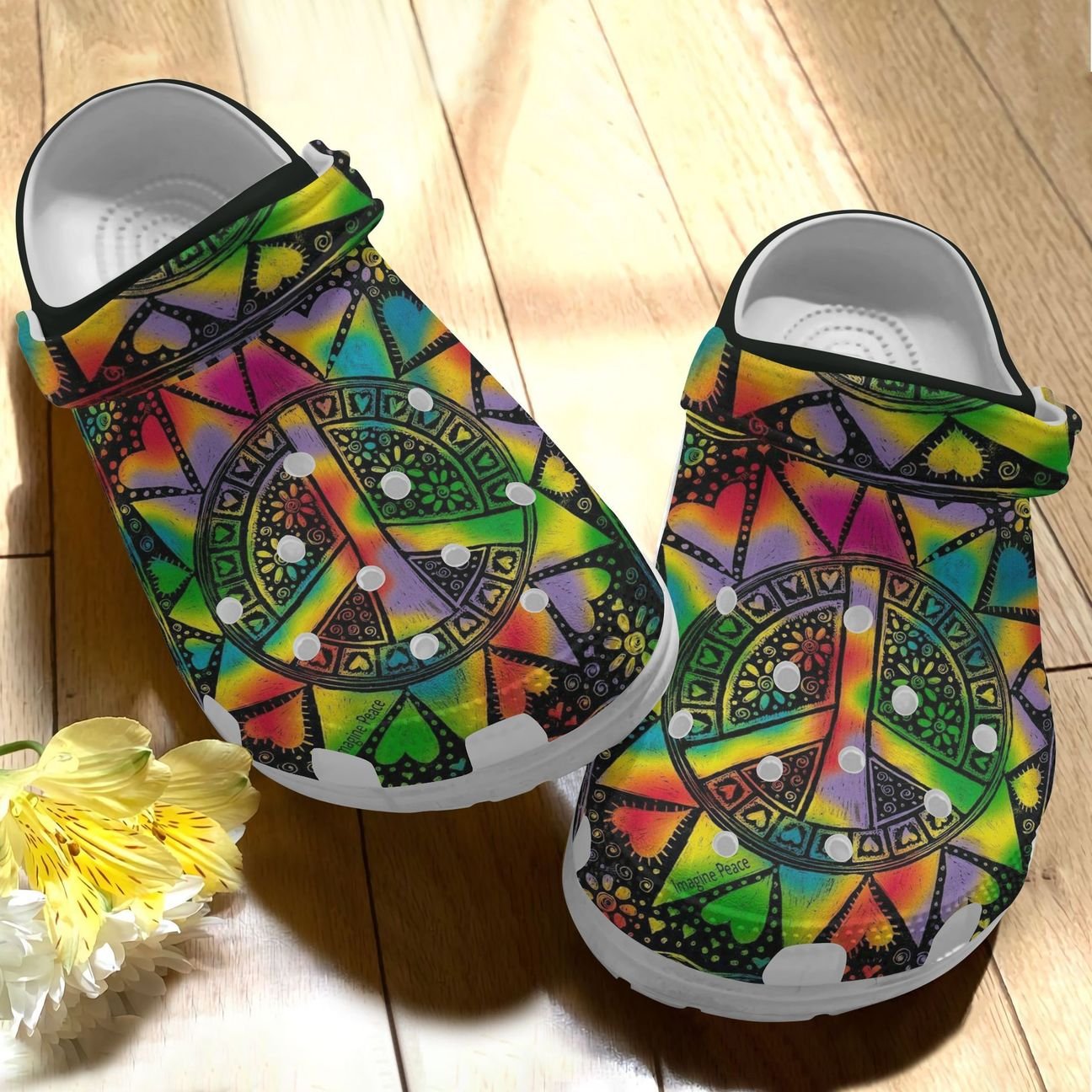 Hippie Personalize Clog, Custom Name, Text, Fashion Style For Women, Men, Kid, Print 3D Whitesole Imagine Peace