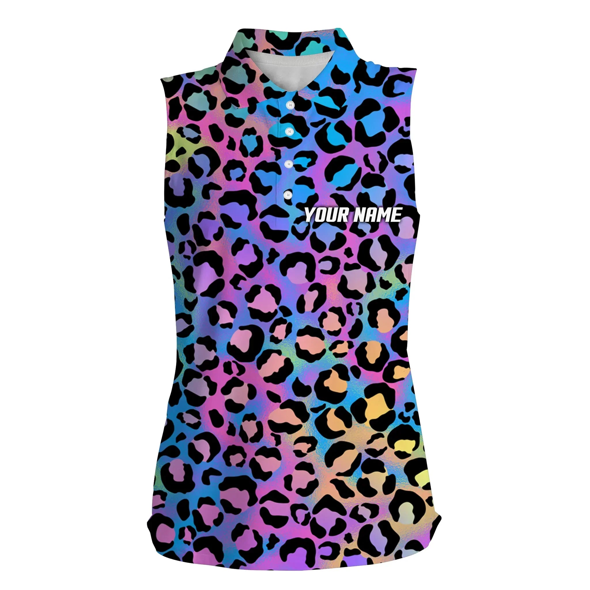 Colorful Neon Gradient Leopard Womens Sleeveless Polo Shirts, Custom Pattern Golf Shirt For Women