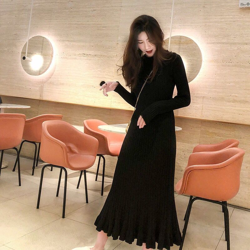 sweater dress women thick mermaid maxi o-neck long sleeve knitted dress 2019 autumn winter elegant female a-line slim sexy dress alx