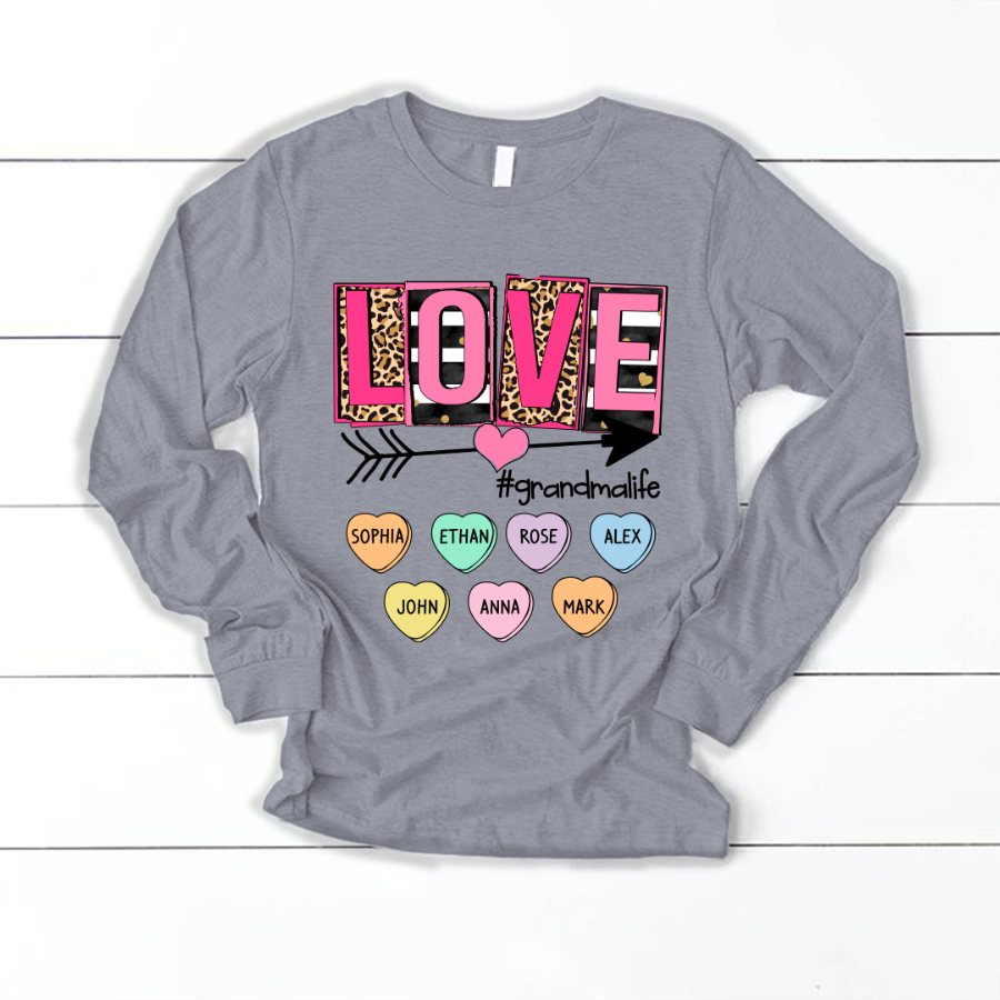 Valentines Love Shirt Personalized Grandma Heart Grandkids Names Longsleeve