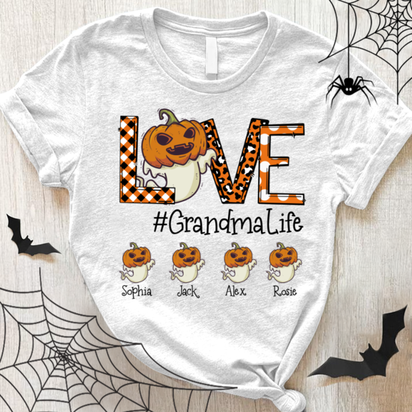 Personalized T-Shirt Love Hashtag Grandma Life Cute Pumpkin Ghost Printed Plaid Leopard Design Custom Grandkid’S Name