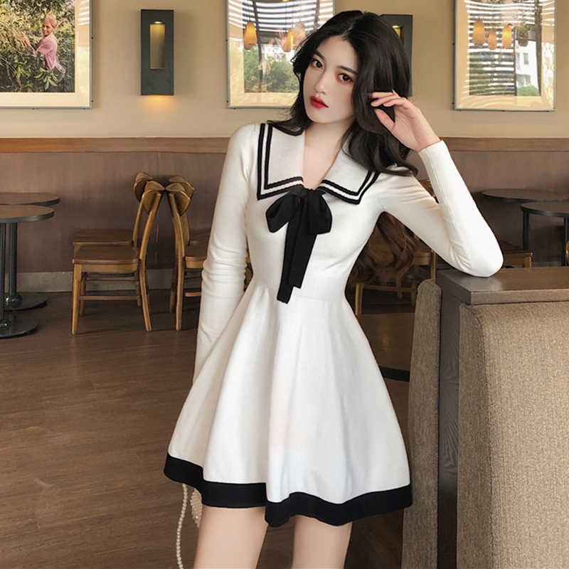 Bow Turn Down Collar Knitted Dress Women Long Sleeve Black Mini Dress High Waist Party Dress Office Lady Korean Elegant X391 alx