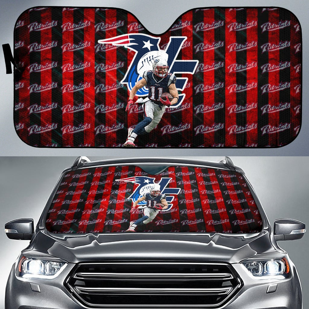 New England Patriots American Football Team Car Sunshade Julian Edelman 11 Grab Rugby Ball And Running Text Patterns Car Sun Shade