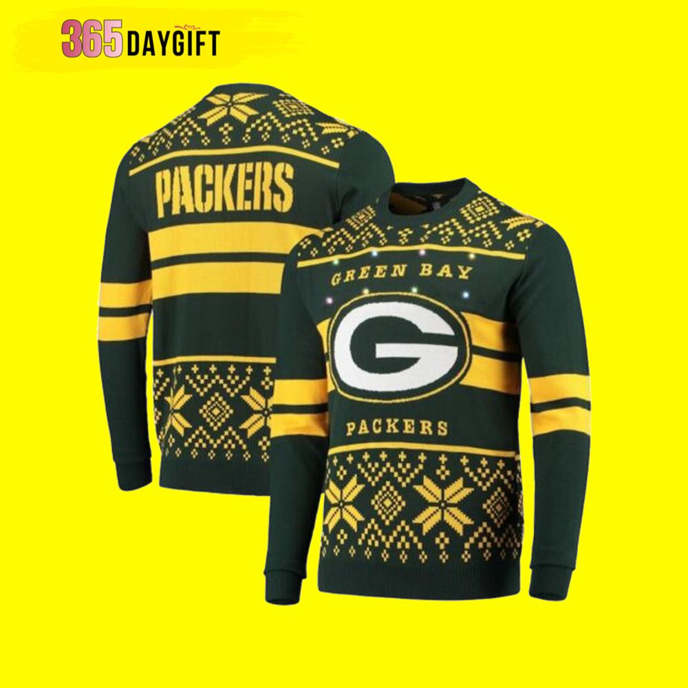 Gold Light Up Green Bay Packers Gift For Fan Ugly Wool Sweater Christmas