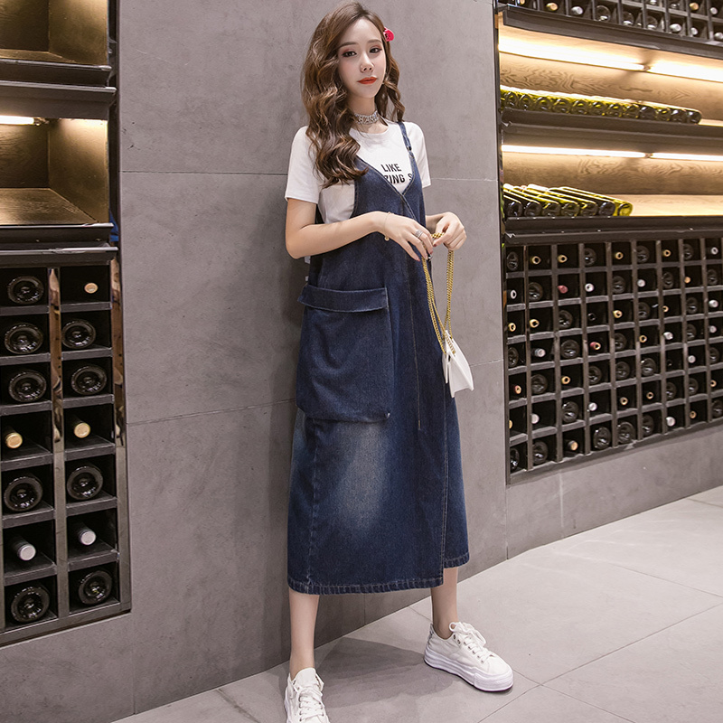 #2747 Overalls Dress Women Big Pockets Casual Midi Dress Female Asymmetrical Jeans Dress Female Spaghetti Strap Denim Dresses alx