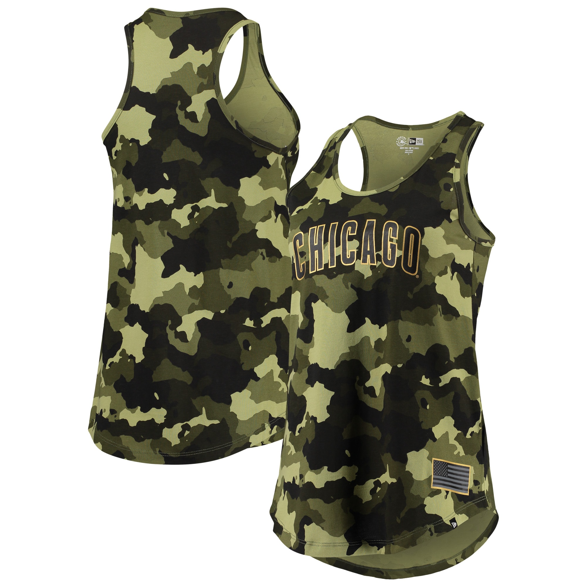 Chicago Cubs New Era Womens 2022 MLB Armed Forces Day Camo Racerback Tank Top – Green