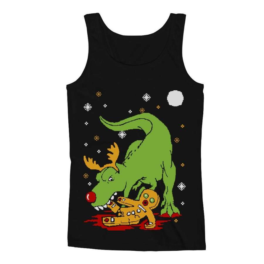 T-Rex Biting Gingerbread Ugly Christmas Men’s Tank Top