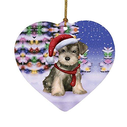 Winterland Wonderland Schnauzers Puppy Dog In Christmas Holiday Scenic Background Heart Ornament