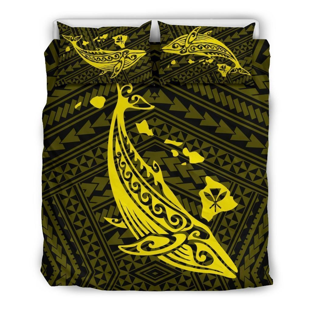 Alohawaii Bedding Set – Cover And Pillow Cases Hawaiian Map Whale Polynesian – Yellow – Ah J9