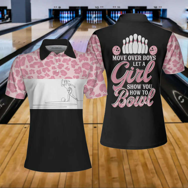 Move Over Boys Let A Girl Show You How To Bowl Short Sleeve Women Polo Shirt, Pink Leopard Bowling Shirt Coolspod