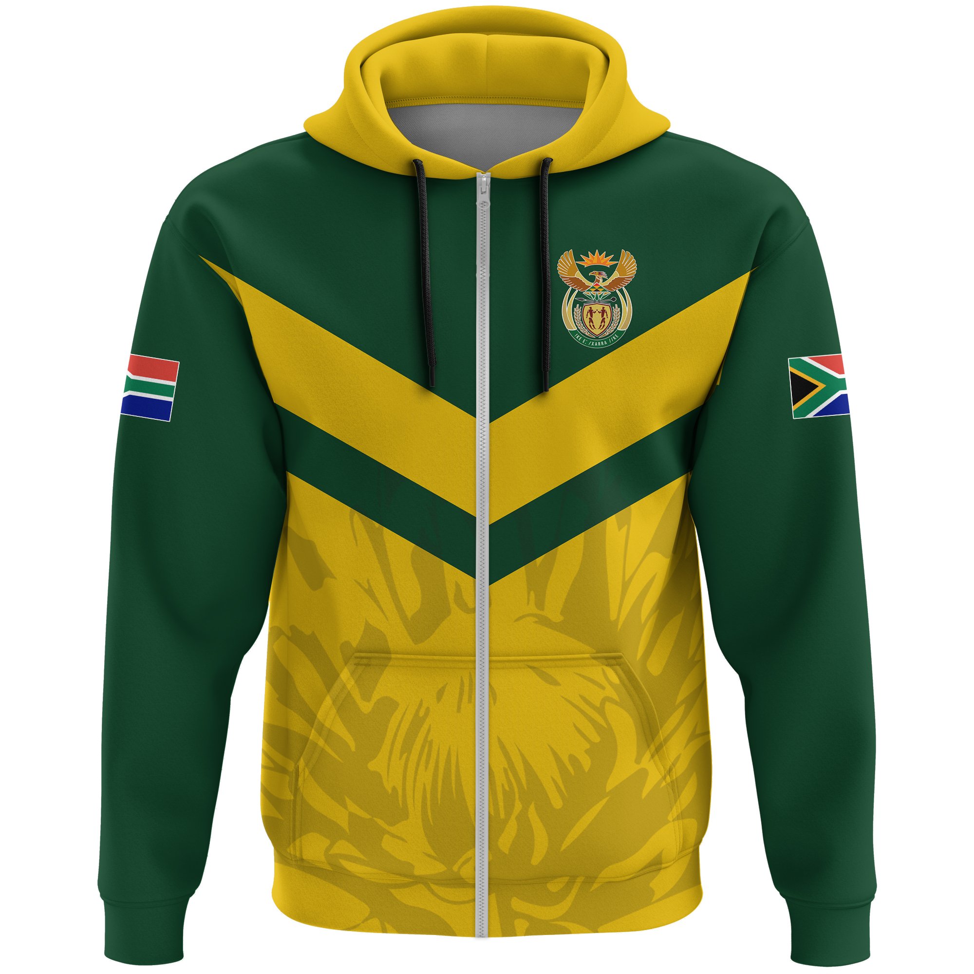 1stTheWorld South Africa Full Zip Hoodie – South African Rising King Protea Yellow A10