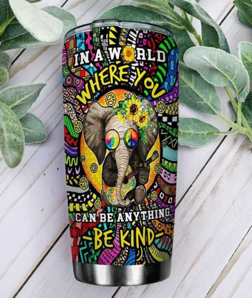 Hippie Elephant Doodle In A World Where You Can Be Anything Be Kind 3D All Over Printed Stainless Steel Tumbler For Hippie Soul, Gift For Hippie Lover, Gift For Him, Gift For Her, Gift For Hippie Friend