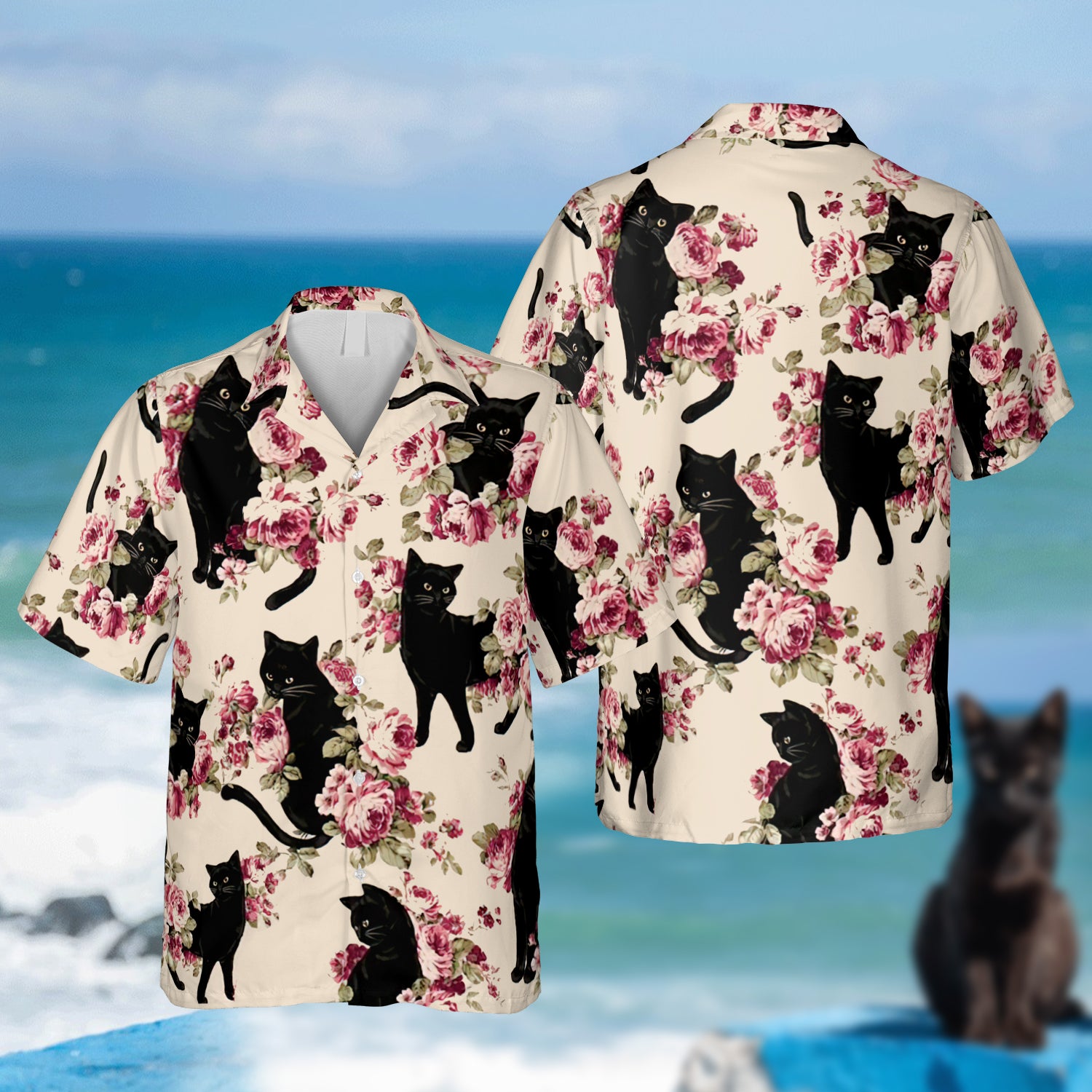 Floral Black Cats Hawaiian Beach Shirt For Cat Mom Ha17104