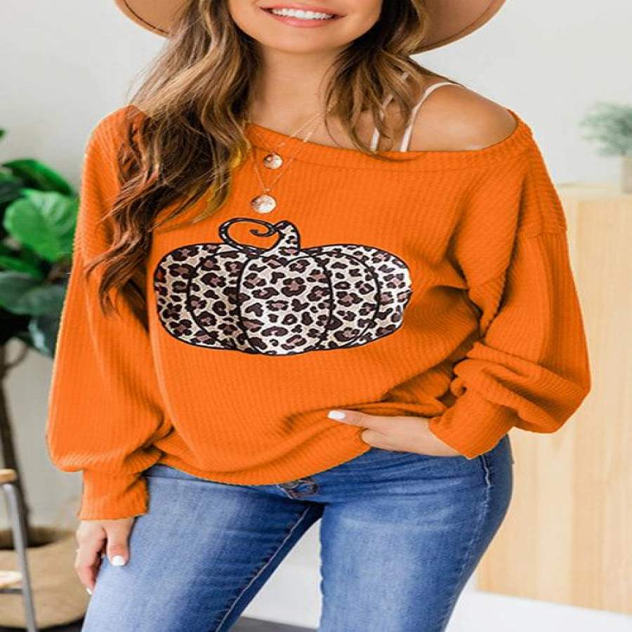 Pumpkin Leopard Print Strapless Sweatshirts With Button