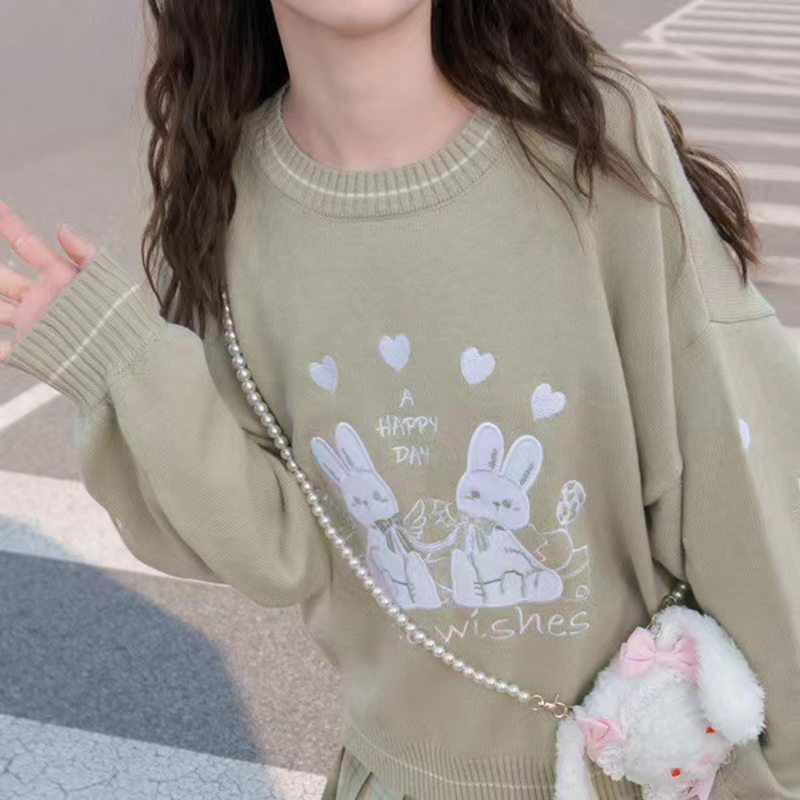 Artoon Printed Autumn Oversize Knitted Kawaii Sweater Girl Preppy Fashion Green Pullover Woman Sweet Cute Long Sleeve Top alx