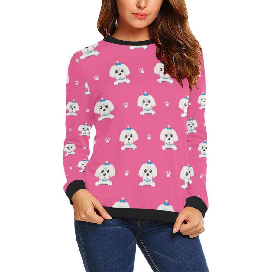 Dog Maltese Puppy Pattern Print Women Crewneck Sweatshirt