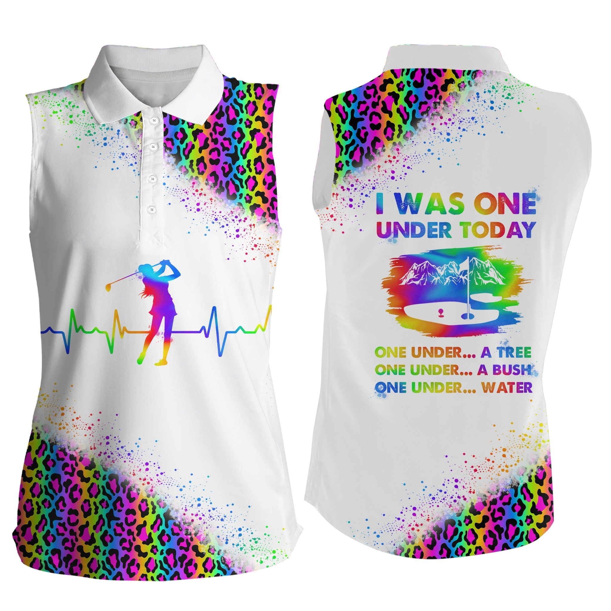 Funny Golf Shirts For Women I Was One Under Today Neon Rainbow Leopard Women Sleeveless Polo Shirts