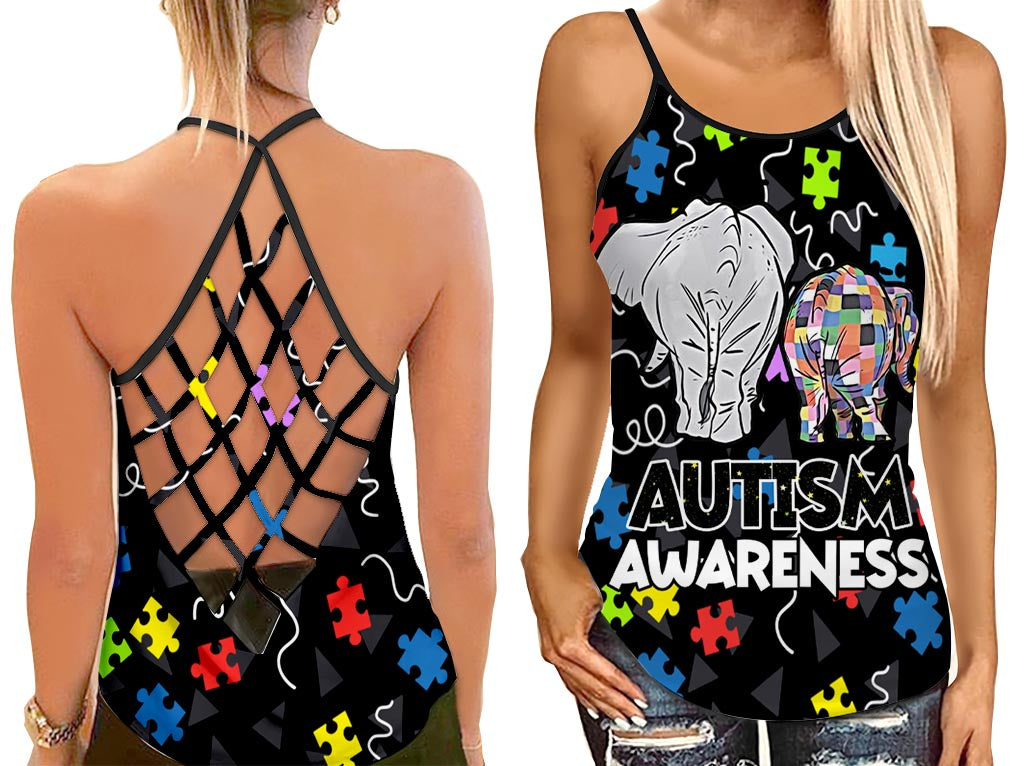 Mom And Baby Elephant Puzzle Tank Top Summer Shirt Women – Autism Awareness Cross Open Back Camisole Tank