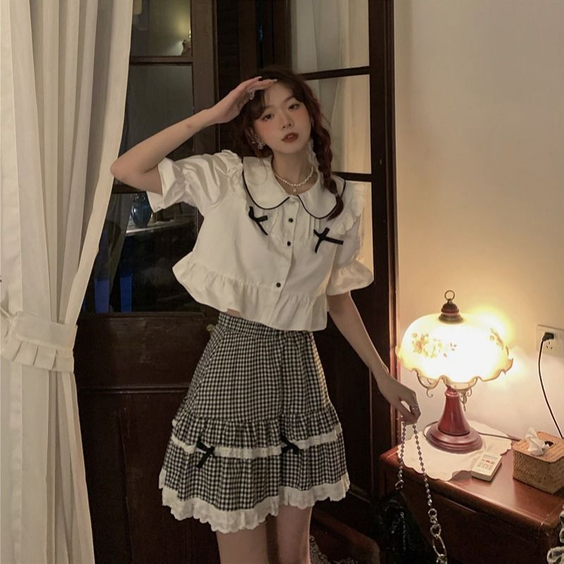 Two Pieces Sets Women Kawaii Summer Mini Plaid Student Stylish Ruffles Lace Blouse Crop Puff Sleeve Peter Pan Collar Cozy Outfit alx