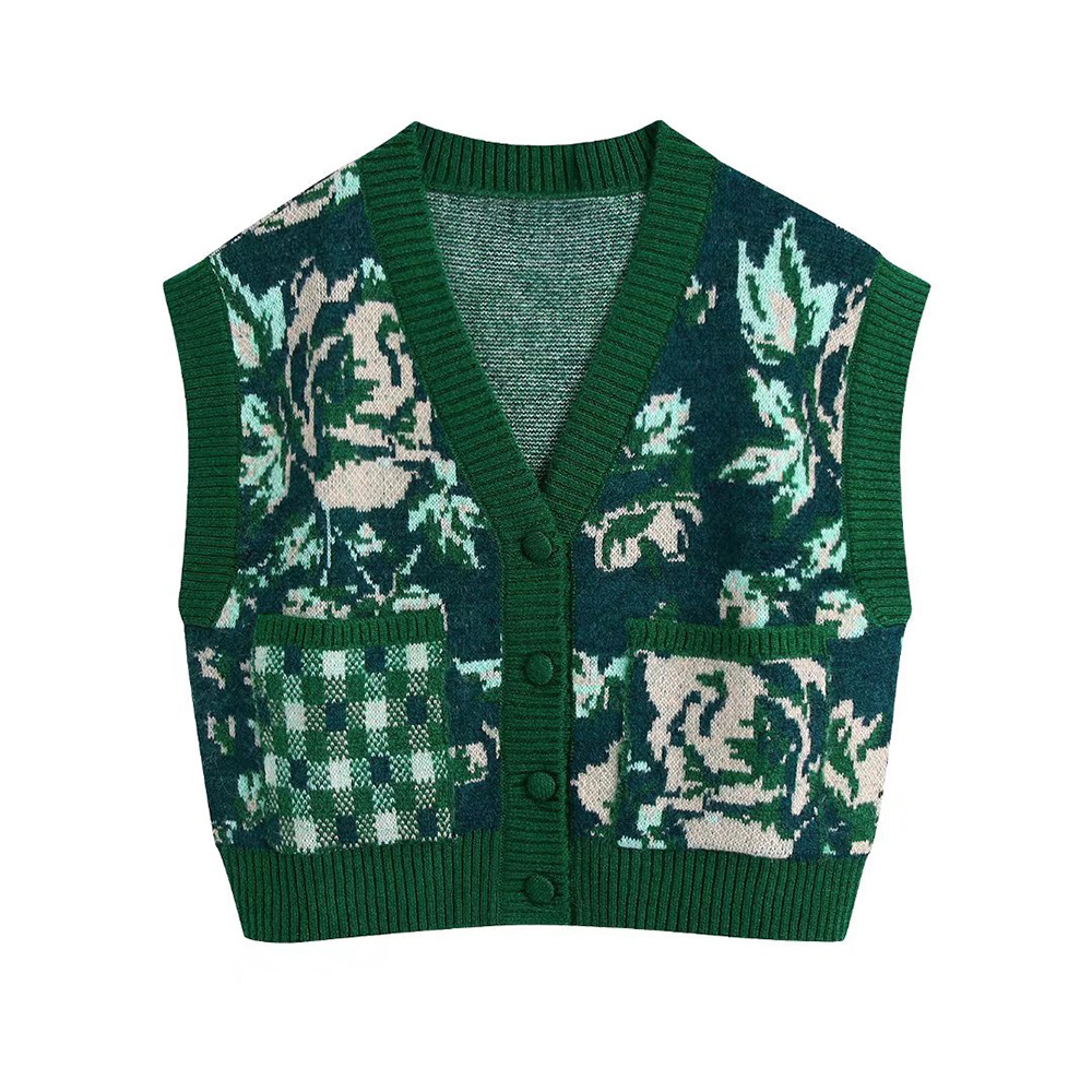 XIKOM 2021 Autumn Floral Knitted Vest Women V Neck Pockets Sleeveless Sweater Vest Women Streetwear Sweater Oversize Vintage alx