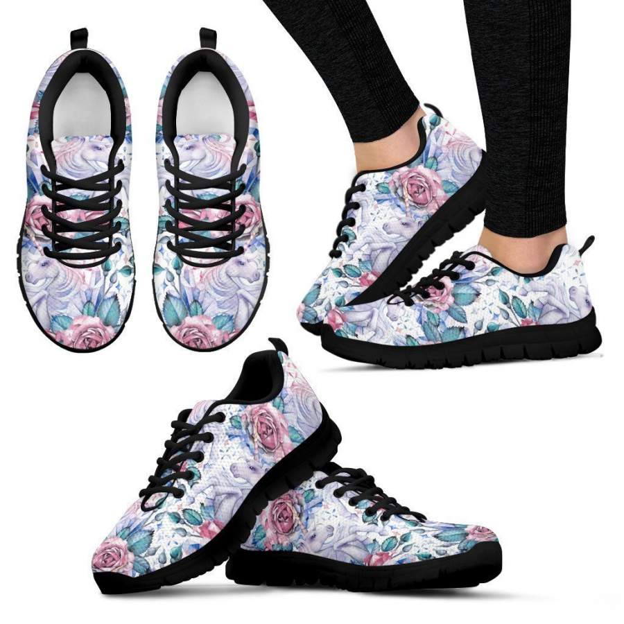 White Fairy Rose Unicorn Pattern Print Women’s Sneakers