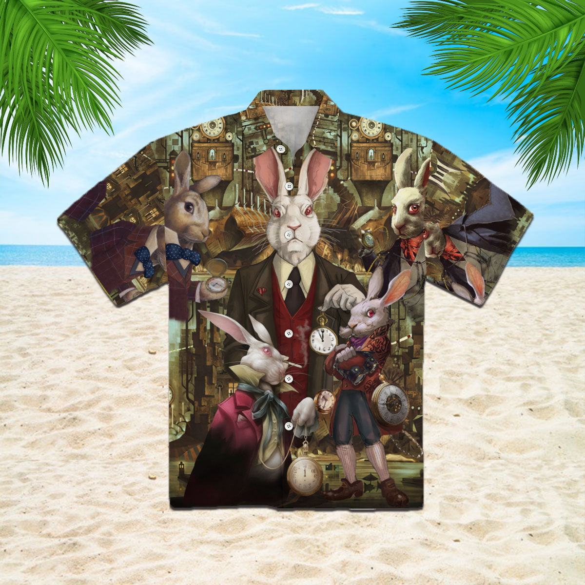 Oragontee At Midnight, Mr.Rabbit Come With A Clock In His Hand Hawaiian Shirt | For Men & Women| Adult | Wt1431