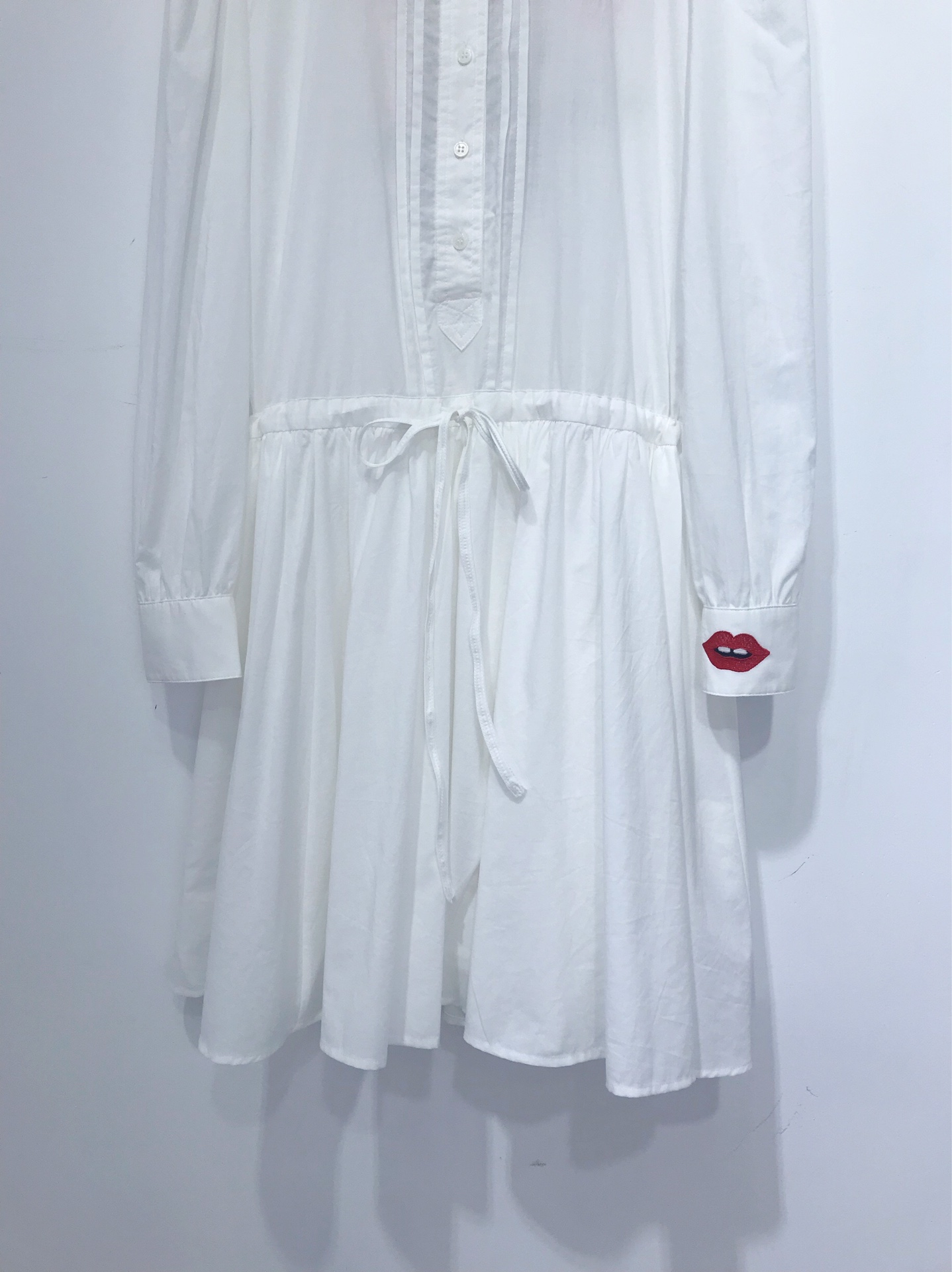 Women Drawstring Shirt Dress White Back Character Embroidered Cotton Female O-neck Long Sleeve Mini Robes alx