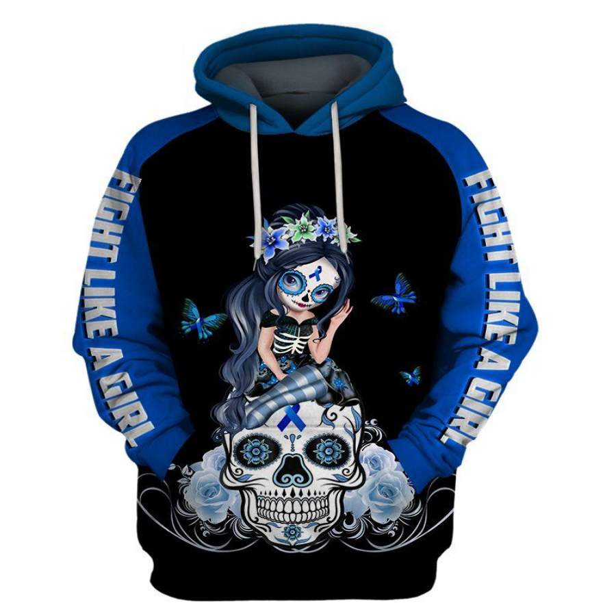 Blue Colon Cancer Sugar Skull Girl Awareness Hoodie