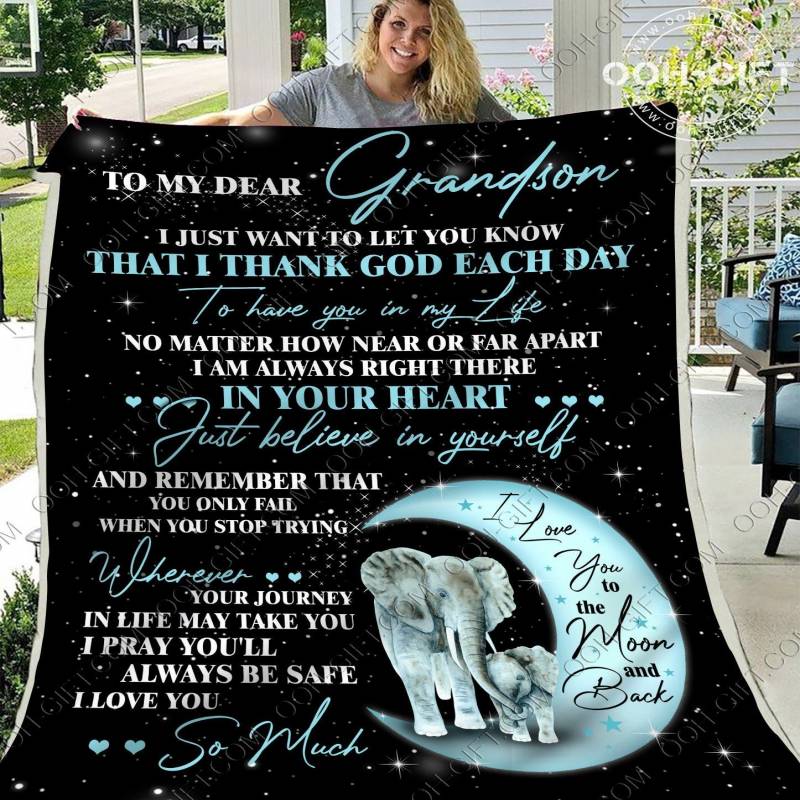 Ooh-Gift� To Grandson Elephant Blanket designed with two Elephants standing on the Moon and an emotional quote