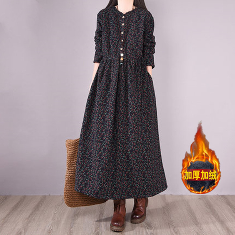 Thicken Fleece Warm Autumn Winter Dress Print Floral Button Vintage Women Casual Blouse Dress Office Lady Outwear Work Dress alx