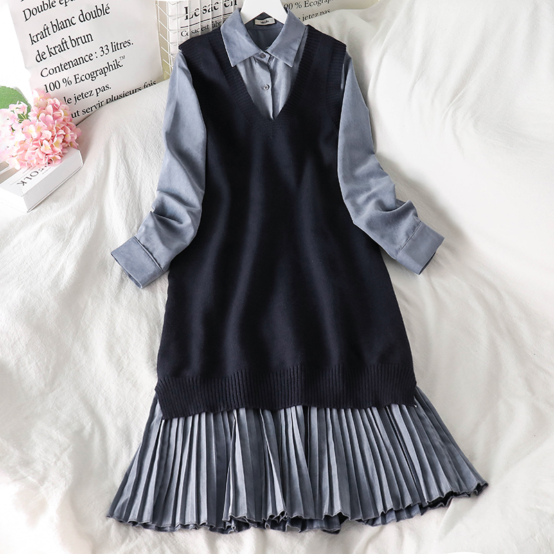 Two Piece Sweater Dress Vintage Korean Long Sleeve Shirt Dress and Knitted Long Vest Streetwear Loose Dress Vestidos alx