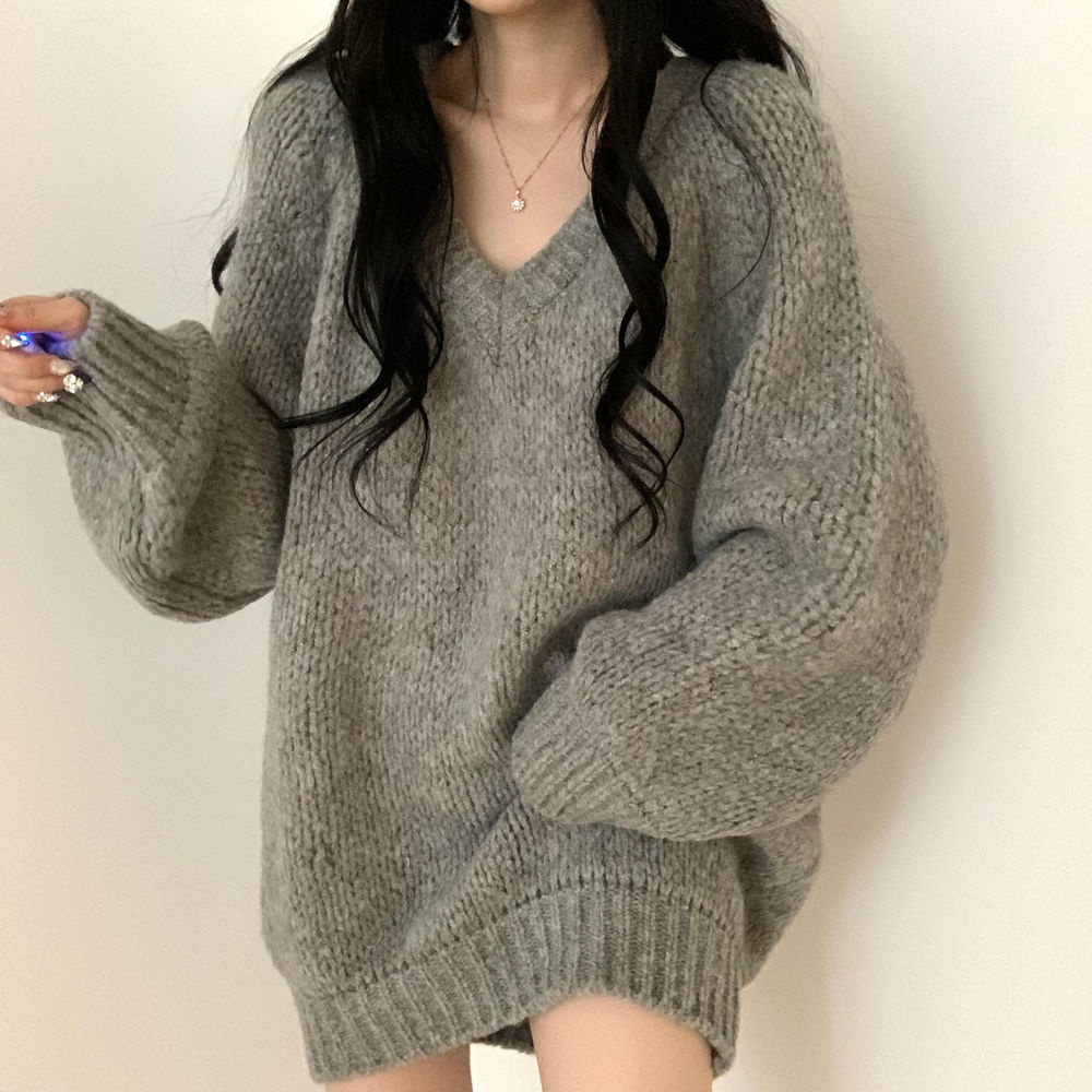 2022 Women V-neck Pullovers Simple Loose O-Neck Oversize Autumn Sweaters Knitted Korean Fashion Long Sleeve Sweater Top alx