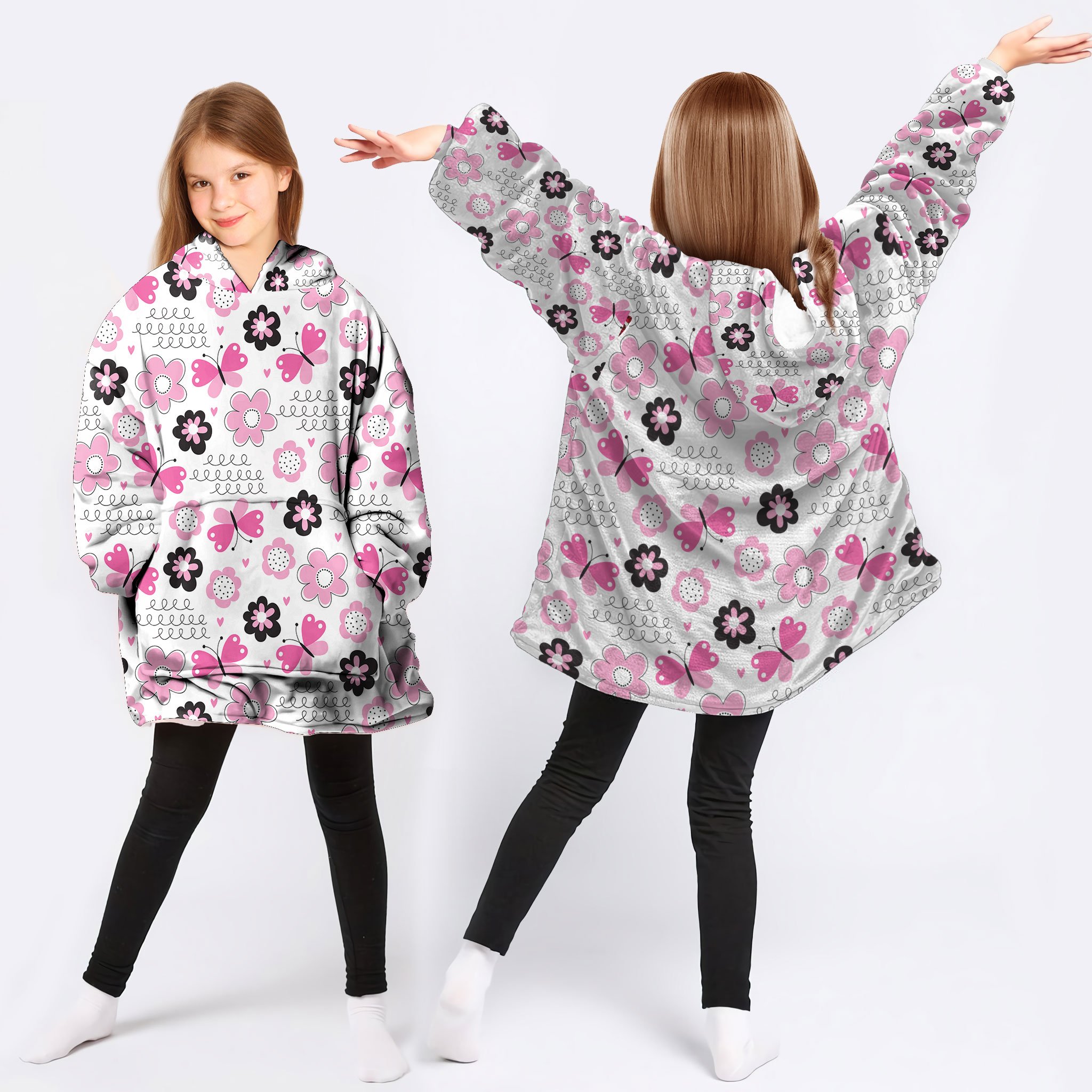 Gifts For Girls Pink Flowers And Butterflies Wearable Blanket Kid Snug Hoodie