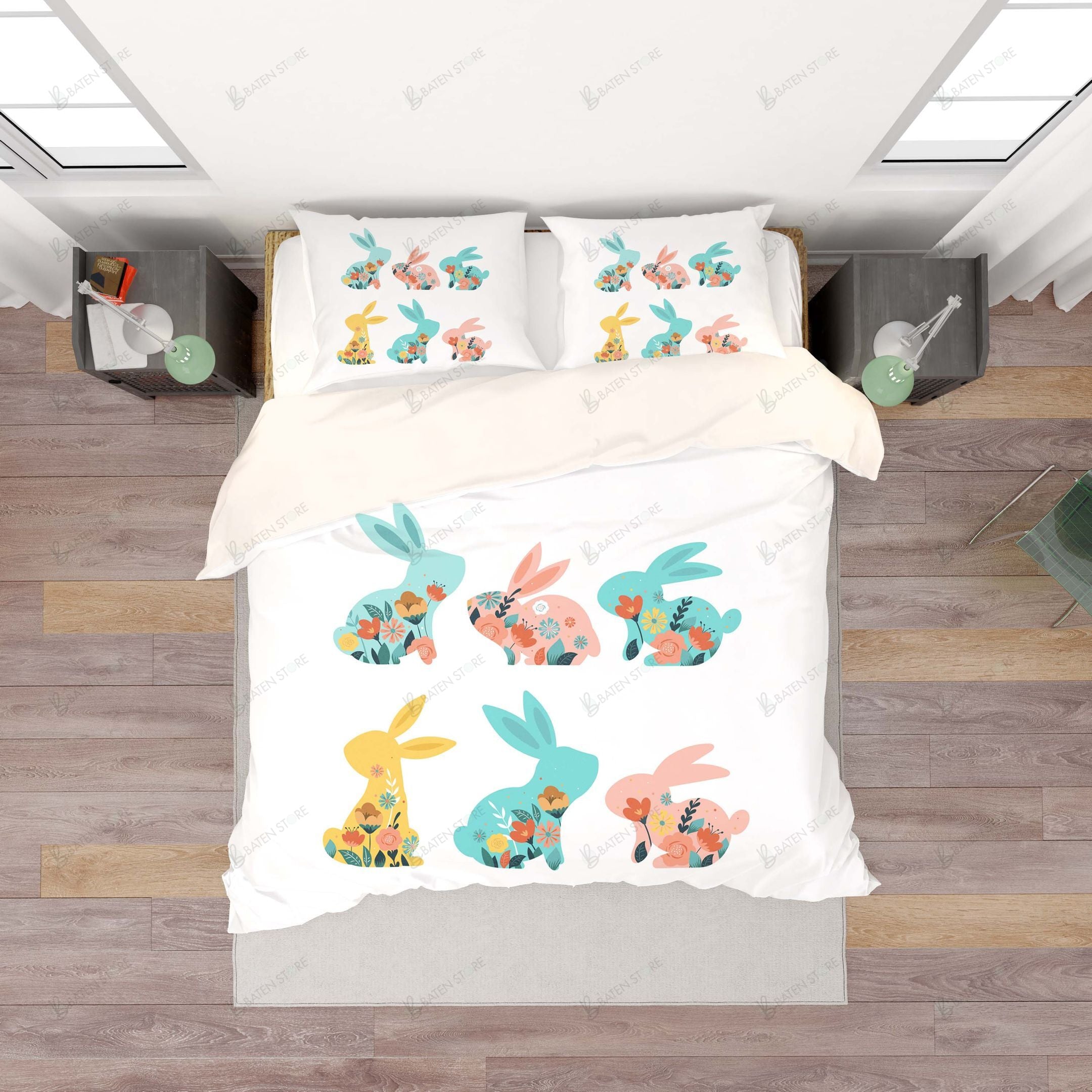 3D White Rabbit Floral Bedding Set Bedroom Decor