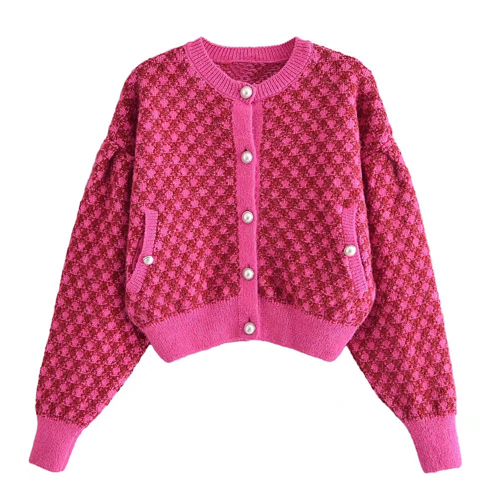 Zevity New Women Vintage Houndstooth Print Pockets Short Knitting Sweater Female Chic Pearl Buttons Cardigans Coat Tops SW1107 alx