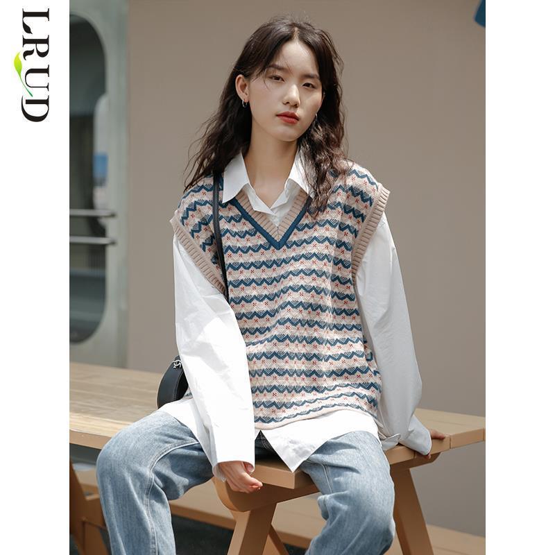 Women 2022 Spring Autumn New 2 Piece Sets Female Leisure Knitting Vests Sleeveless Tops + Solid Blouses Ladies Casual Suits N18 alx