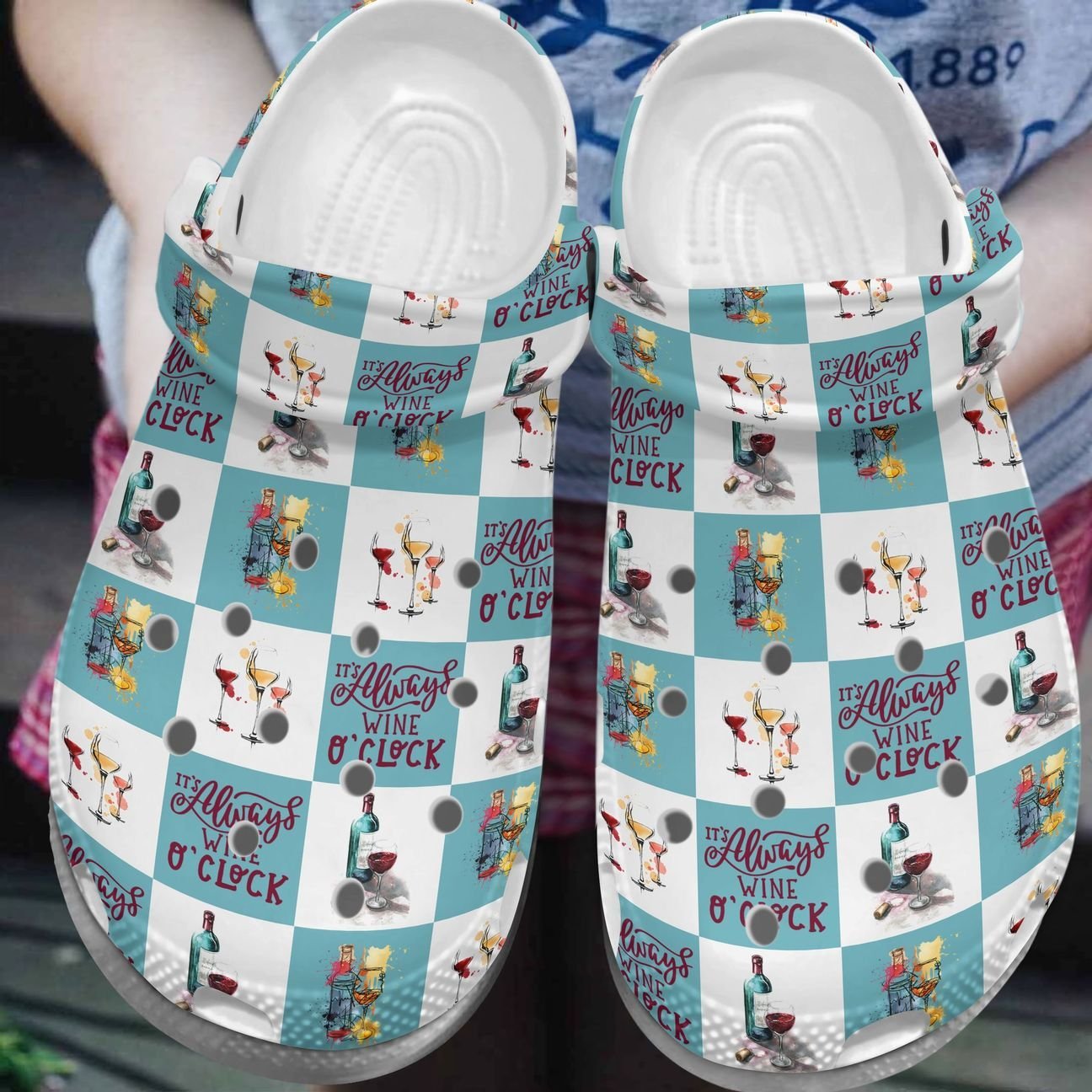 Wine Personalize Clog, Custom Name, Text, Fashion Style For Women, Men, Kid, Print 3D Whitesole It’S Always Wine O’Clock