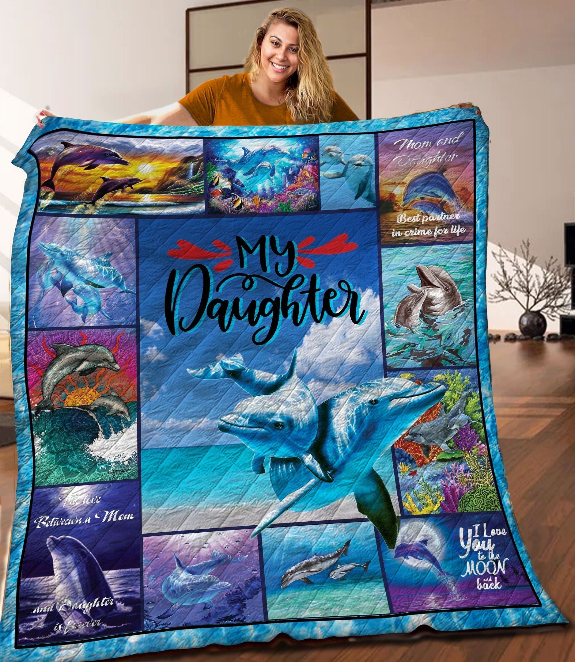 Dolphin Animal I love you to the moon and back Quilt Blanket