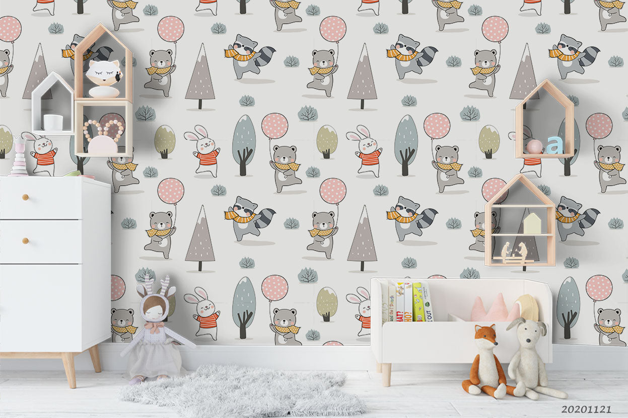 3D Cartoon Hand Drawn Colorful Bunny Bear Animal Balloon Tree Plant Wall Mural Wallpaper Lxl